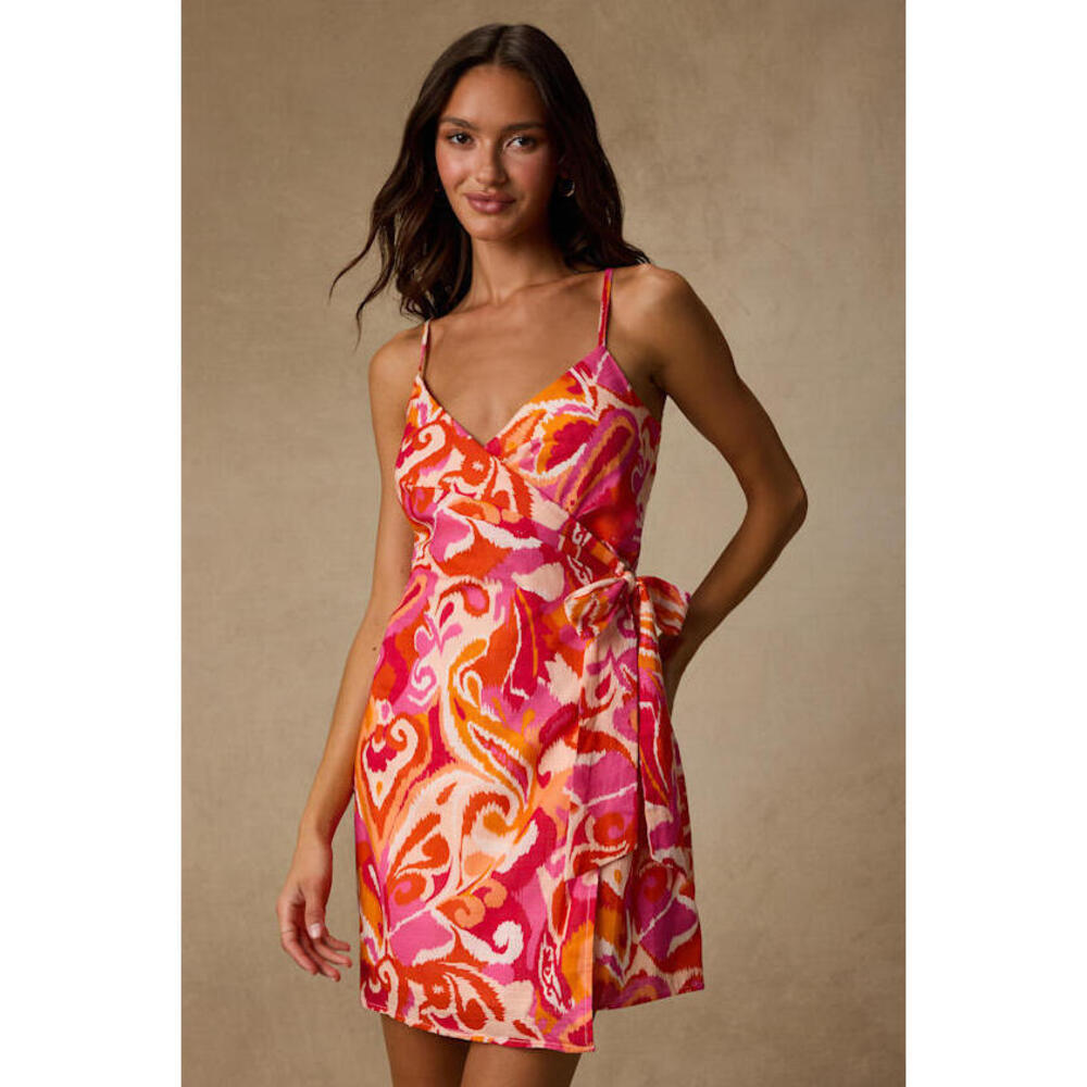 Lulus Neya Pink Multi Abstract Wrap Mini Dress - Size L